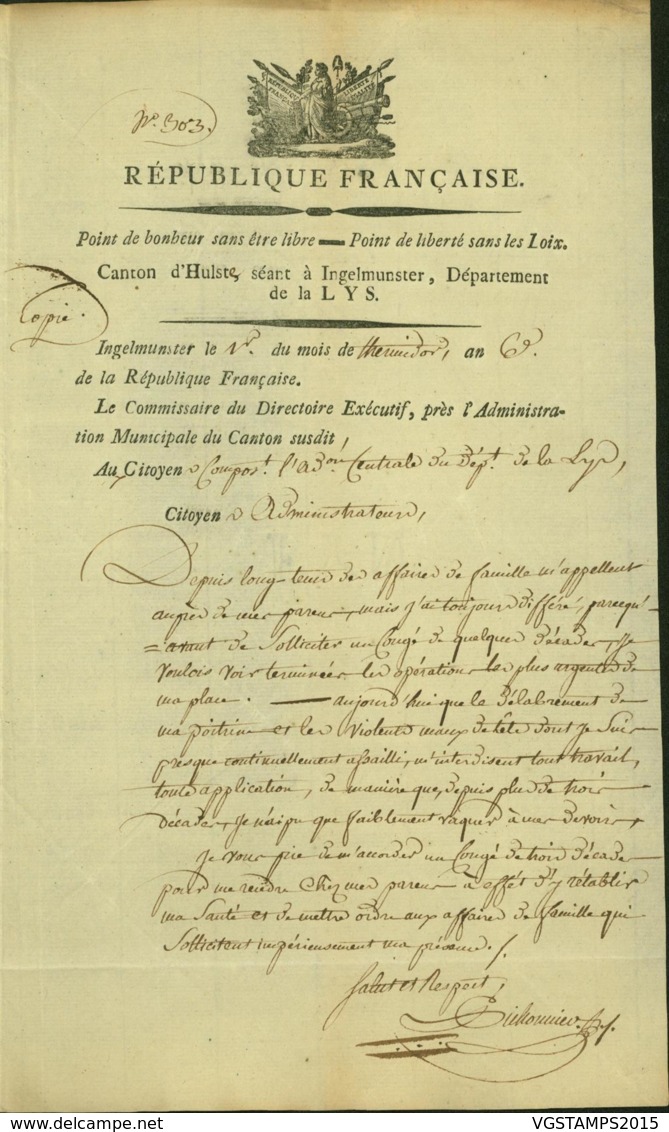 BELGIQUE LETTRE DATE DE INGELMUNSTER 29/07/1798 DOCUMENT ILLUSTRE (DD) DC-4489 - 1794-1814 (Franse Tijd)