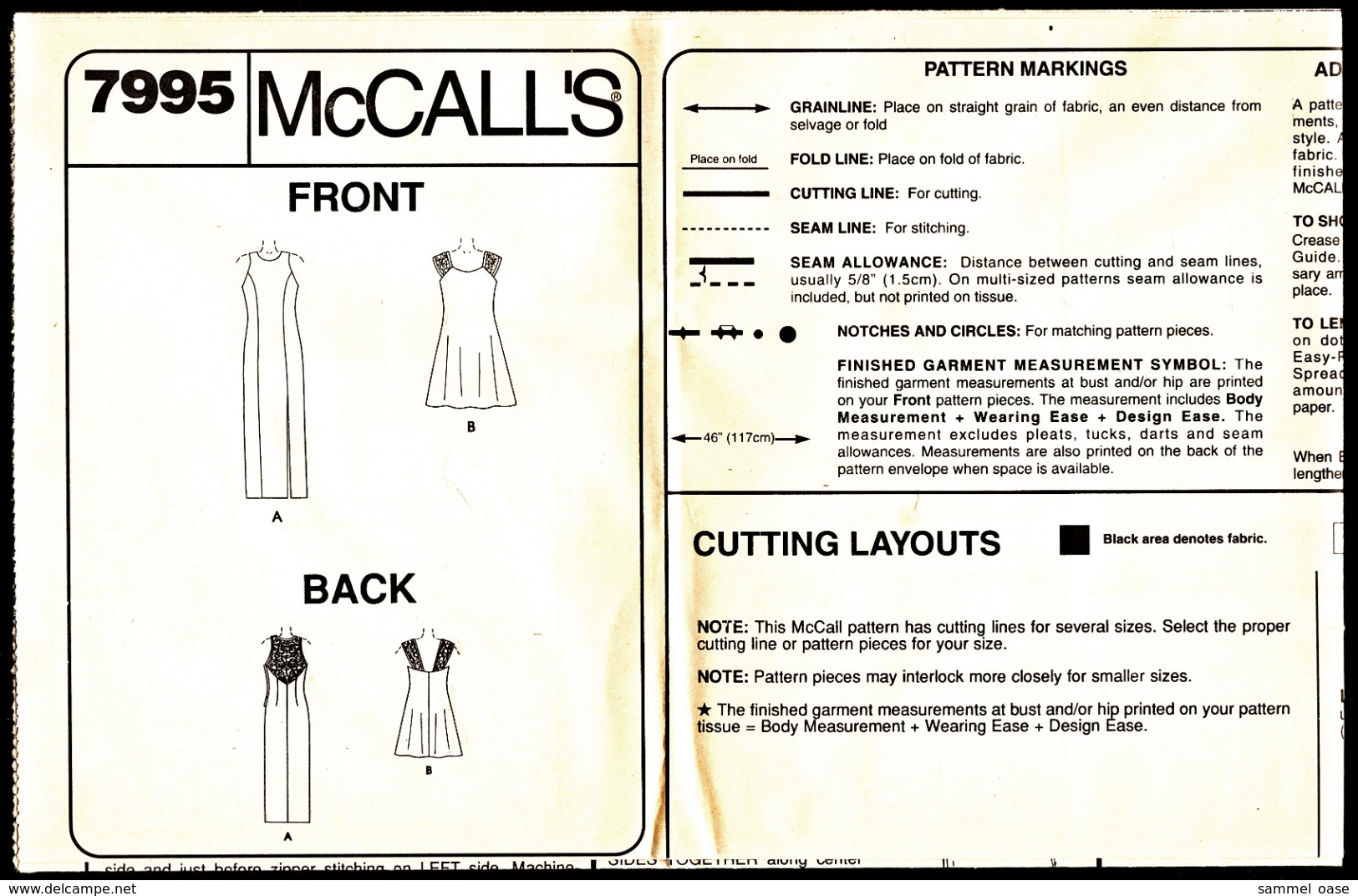 Vintage McCall`s Schnittmuster 7995  -  Damen-Abendkleid  -  Long Or Mini Dress  -  Size G  -  Größe 10-14 - Designermode