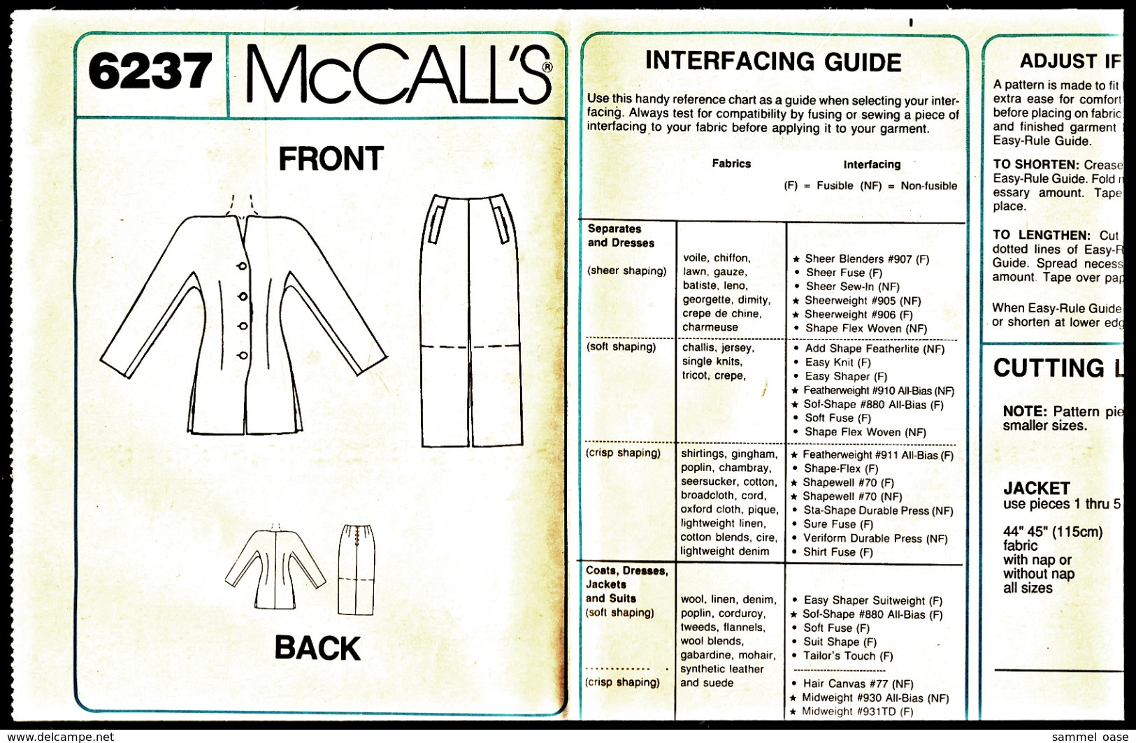Vintage McCall`s Schnittmuster 6237  -  Damen-Jacke Gefüttert Und Damen-Rock Gefüttert  -  Size 6 - Designermode