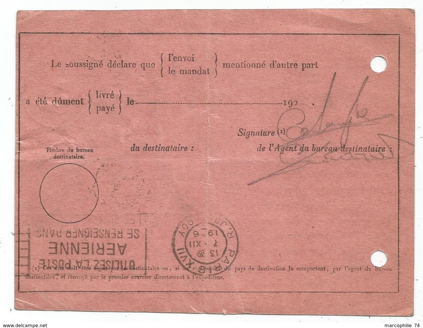 PASTEUR 1FR50 SEUL AVIS DE RECEPTION N°515 Trou Archive PARIS 1926 POUR LOBDRES AGLETERRE AU TARIF - 1922-26 Pasteur