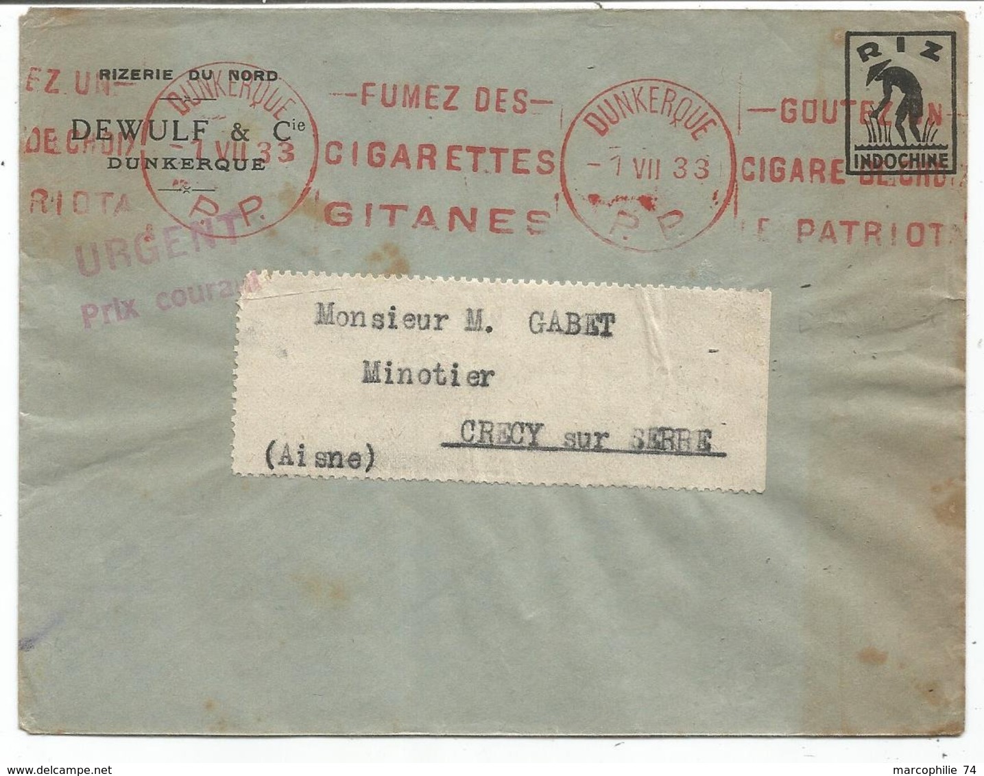 LETTRE SIMILI ENTIER RIZ INDOCHINE MECANIQUE KRAG EN ROUGE FUMEZ DES CIGARETTES GITANES DUNKERQUE PP 1.VII.33 RARE - Mechanische Stempels (reclame)