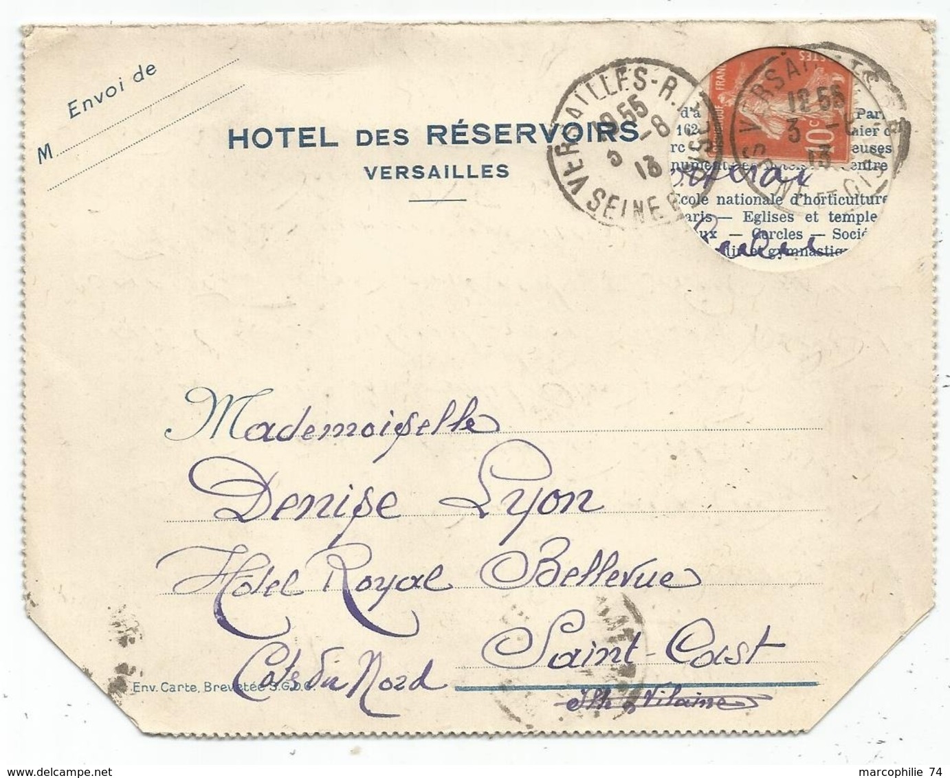 SEMEUSE 10C CARTE LETTRE A TROU ENTETE HOTEL DES RESERVOIRS VERSAILLES 1913 RARE - 1877-1920: Periodo Semi Moderno