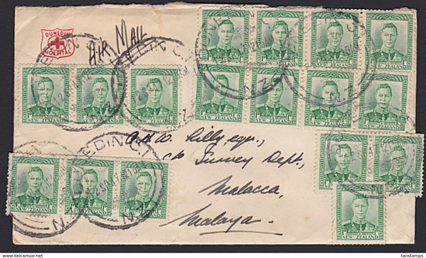 NEW ZEALAND - MALAYA 1947 MULTIFRANKED KGVI 1d DUNEDIN HOSPITAL PSE 1/5 AIR RATE - Lettres & Documents