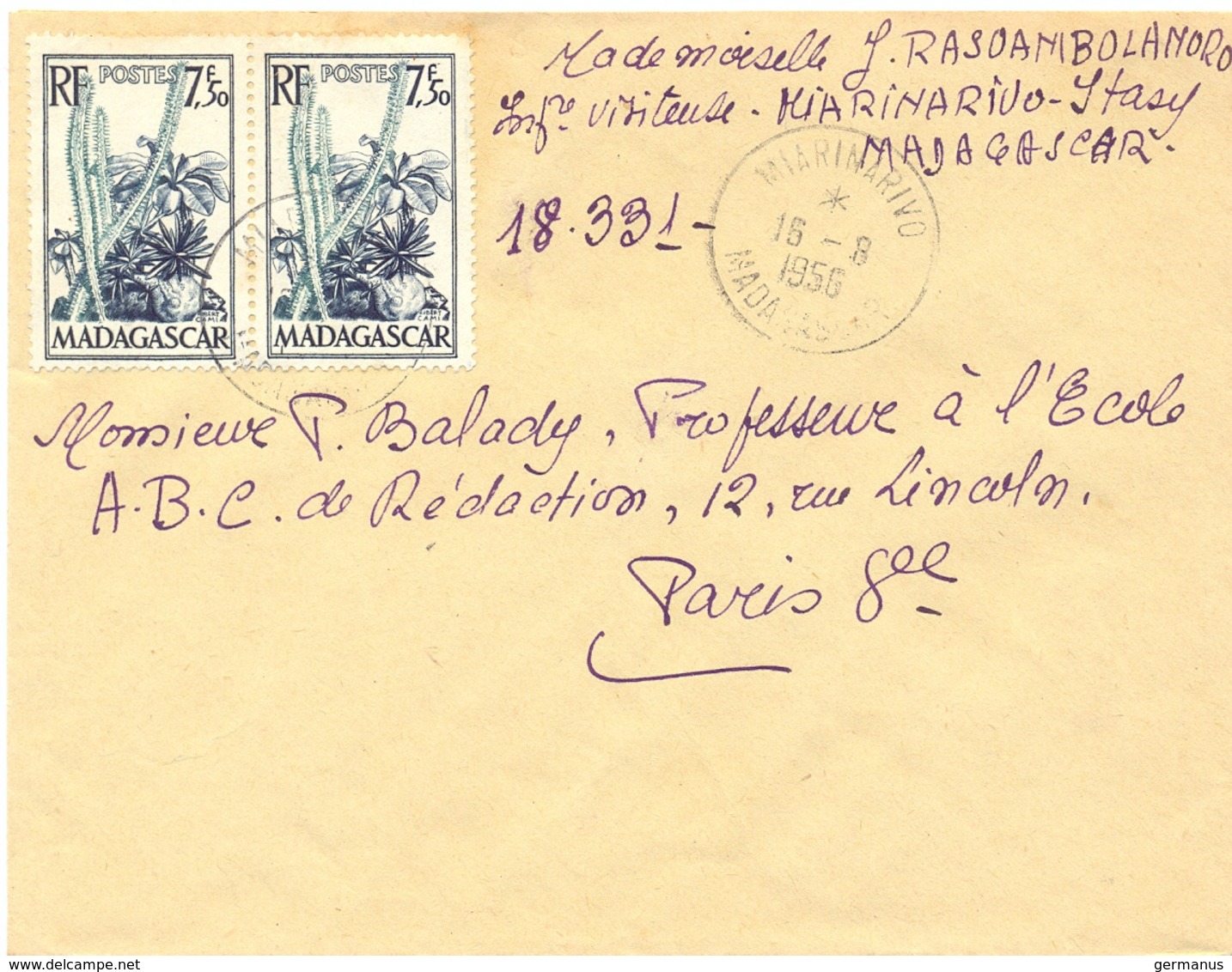 MADAGASCAR MIARINARIVO TàD 16-8-1956 - Lettres & Documents