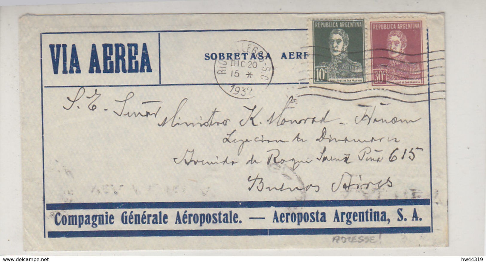 Luftpostbrief Aus RIO GALLEGOS 20.12.32 Nach Buenos Aires - Cartas & Documentos