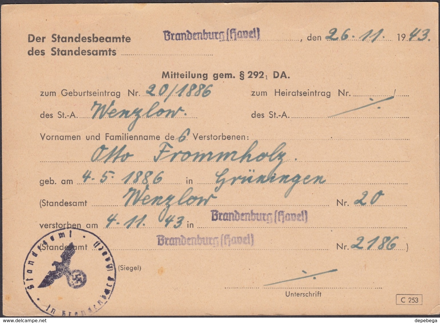 Germany - Freistempel, Thur-und Hauptstadt BRANDENBURG (Havel) 27.11.1943 - Grosswusterwitz BZ MGB. - Covers & Documents