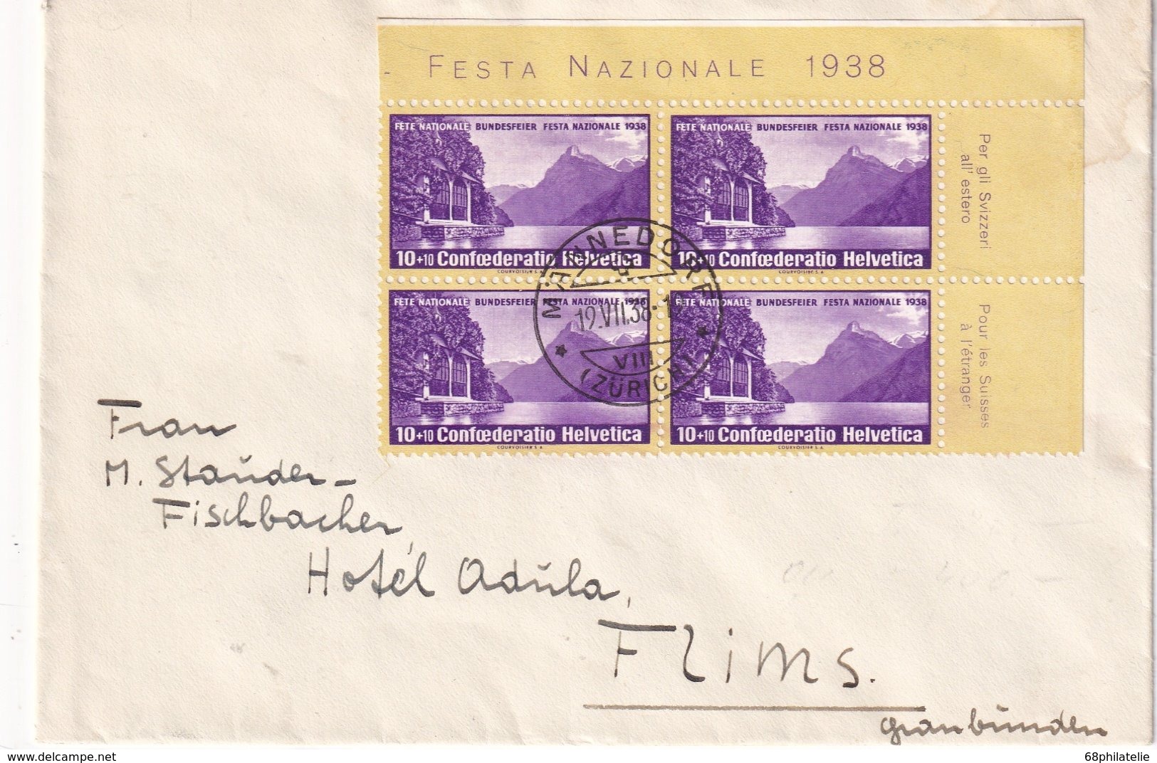 SUISSE 1938 LETTRE DE MÄNNEDORF BLOC FETE NATIONALE - Lettres & Documents