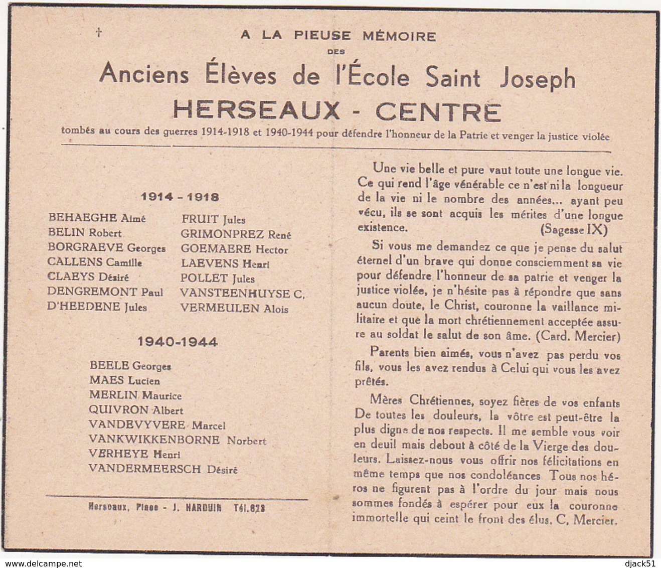 Image Pieuse / A La Mémoire Des Anciens Elèves De L'Ecole Saint-Joseph HERSEAUX - CENTRE / 1914-1918 / 1940-1944 - Religione & Esoterismo