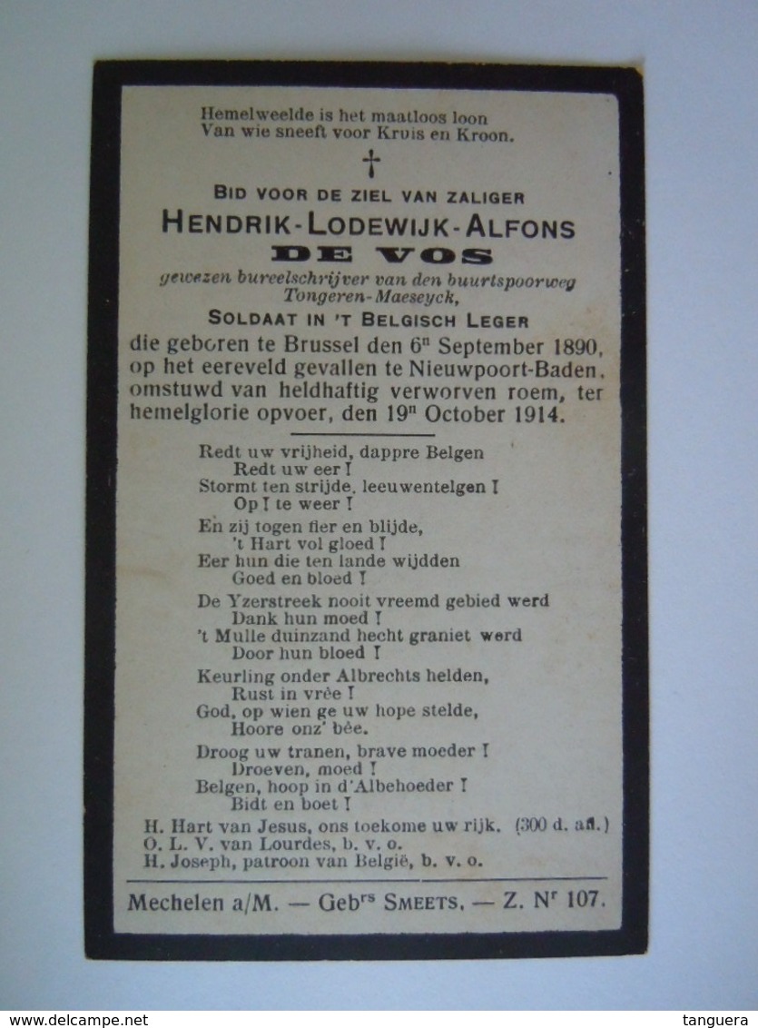 Oorlog Guerre Hendrik-Lodewijk-Alfons De Vos °Brussel 1890 Soldaat Gesneuveld Nieuwpoort-Baden 19 Oktober 1914 - Images Religieuses