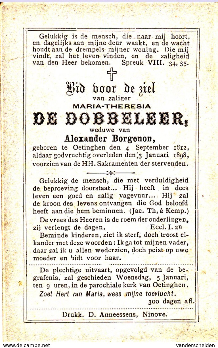 DOODSPRENTJE MARIA THERESIA DE DOBBELEER ° OETINGHEN 1812 + 1898 WEDUWE BORGENON OETINGEN - Images Religieuses