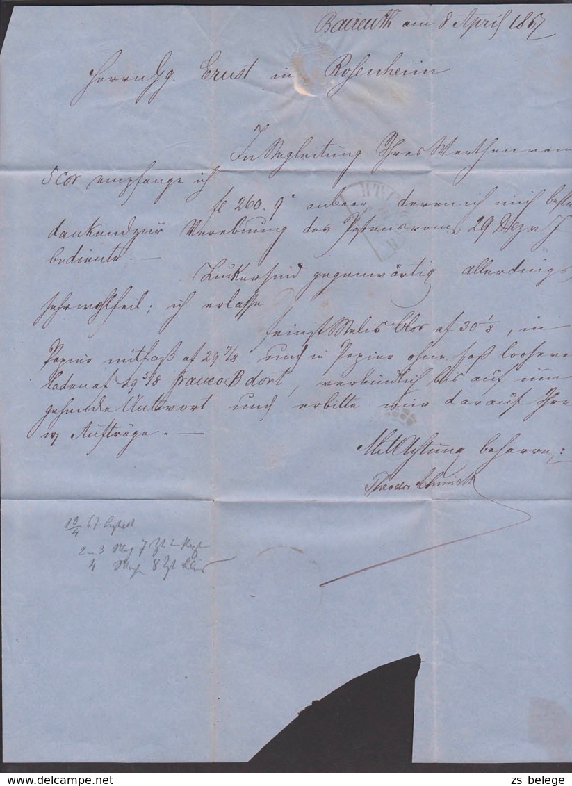 BAYREUTH 8.4.1867 Bayern Blauer Faltbrief Mit Text Mühlradstempel 37, 3 Kreuzer Vollrandig Nach Rosenheim - Sonstige & Ohne Zuordnung