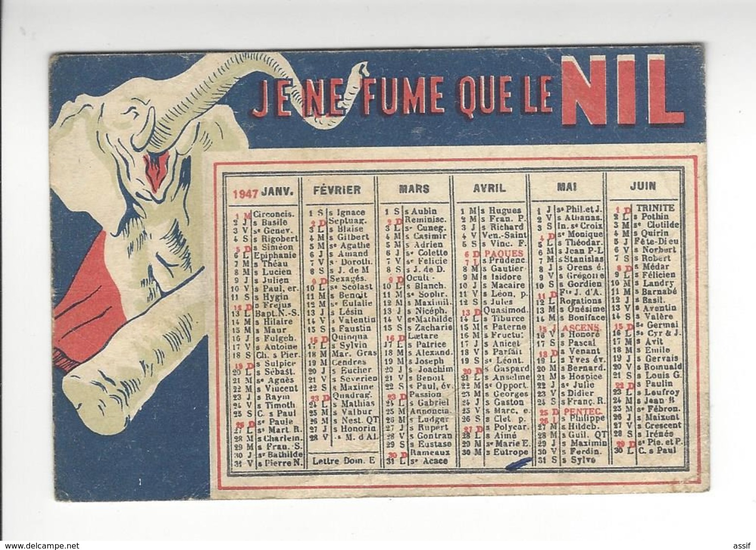 CAPIELLO TABAC JE NE FUME QUE LE NIL CALENDRIER 1947 CALENDAR /FREE SHIPPING R - Autres & Non Classés