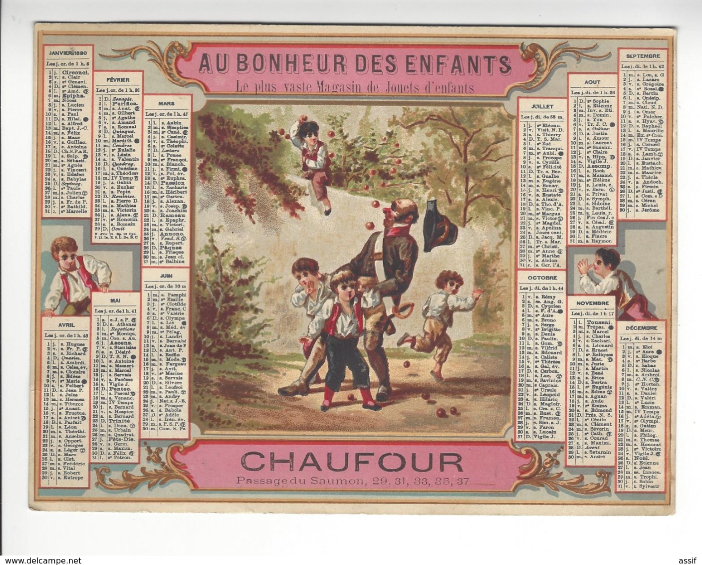 CHROMO AU BONHEUR DES ENFANTS CHAUFOUR PASSAGE DU SAUMON PARIS CALENDRIER 1880 CALENDAR /FREE SHIPPING R - Other & Unclassified