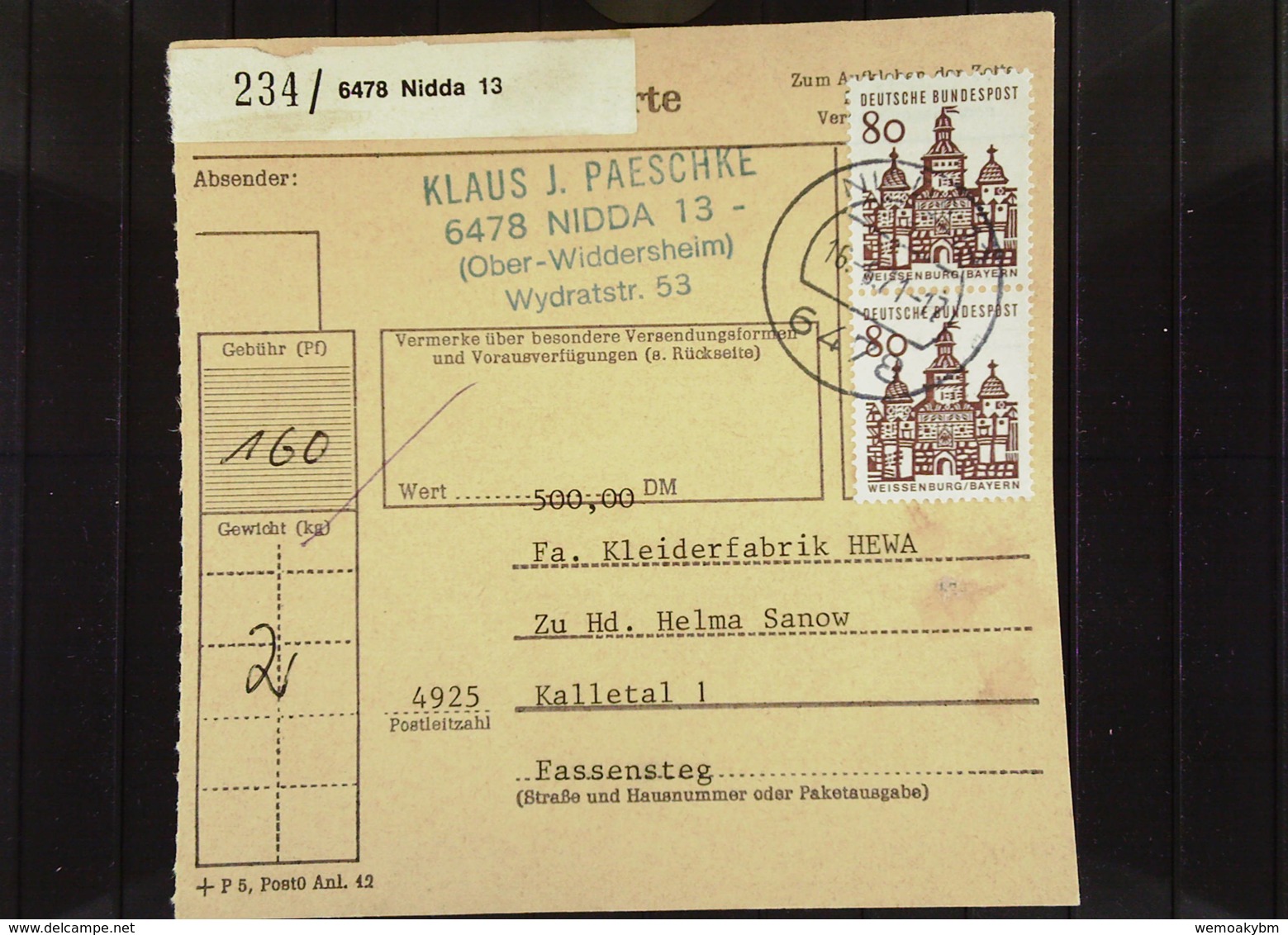 BRD: Paket-Kartenstammteil Mit 80 Pf Dt. Bauwerke Im Senkr. Paar Aus 6478 Nidda (234) 16.6.71 Knr: 461 (2) - Briefe U. Dokumente