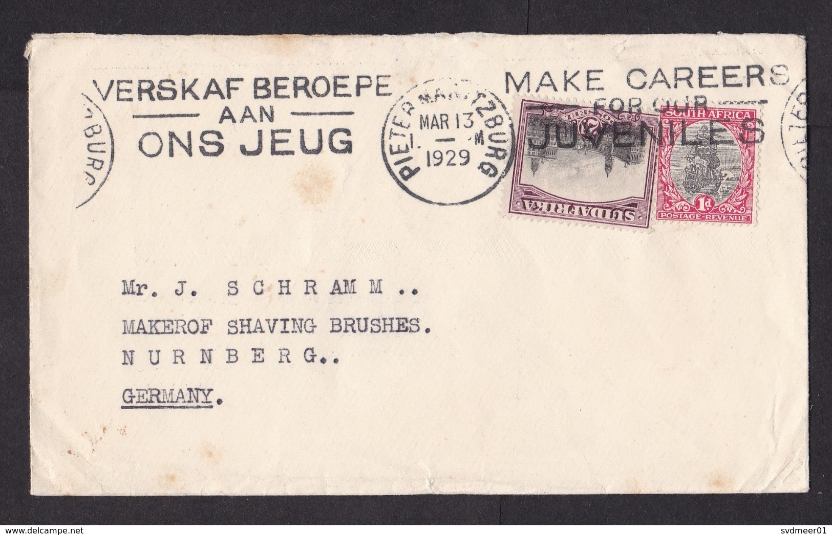 South Africa: Cover To Germany, 1929, 2 Stamps, Cancel Make Careers For Juveniles, From Imperial Hotel (minor Damage) - Lettres & Documents