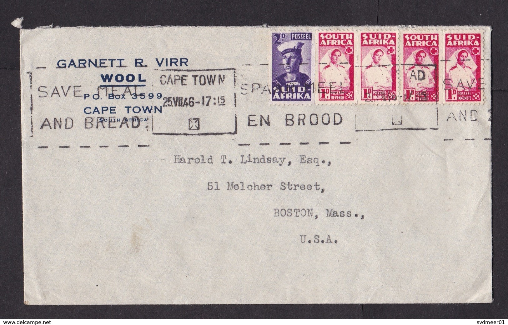 South Africa: Cover To USA, 1946, 5 Small Stamps, Nurse, Red Cross, Cancel Save Meal & Bread, Post-war (traces Of Use) - Briefe U. Dokumente