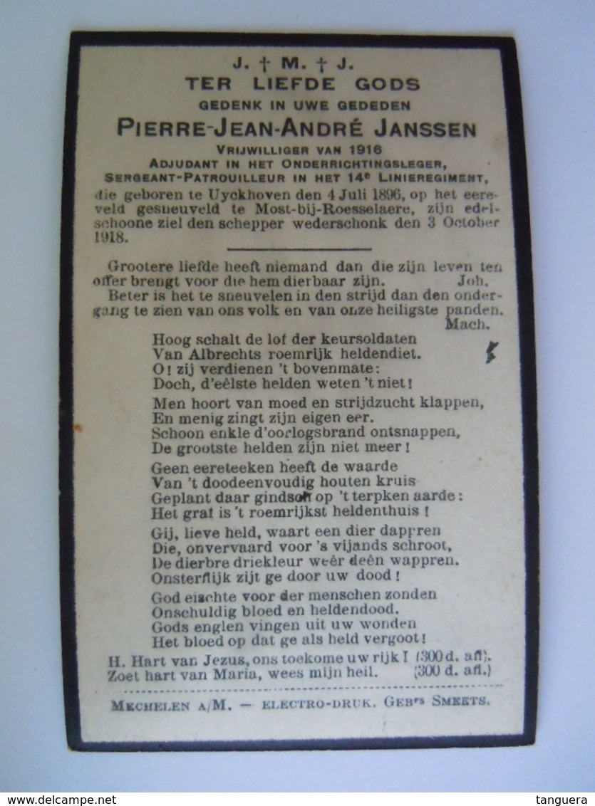 Oorlog Guerre Pierre-Jean-André Janssen °Uyckhoven 1896 14e Linieregiment Gesneuveld Most-bij-Roesselaere 3 Oktober 1918 - Andachtsbilder