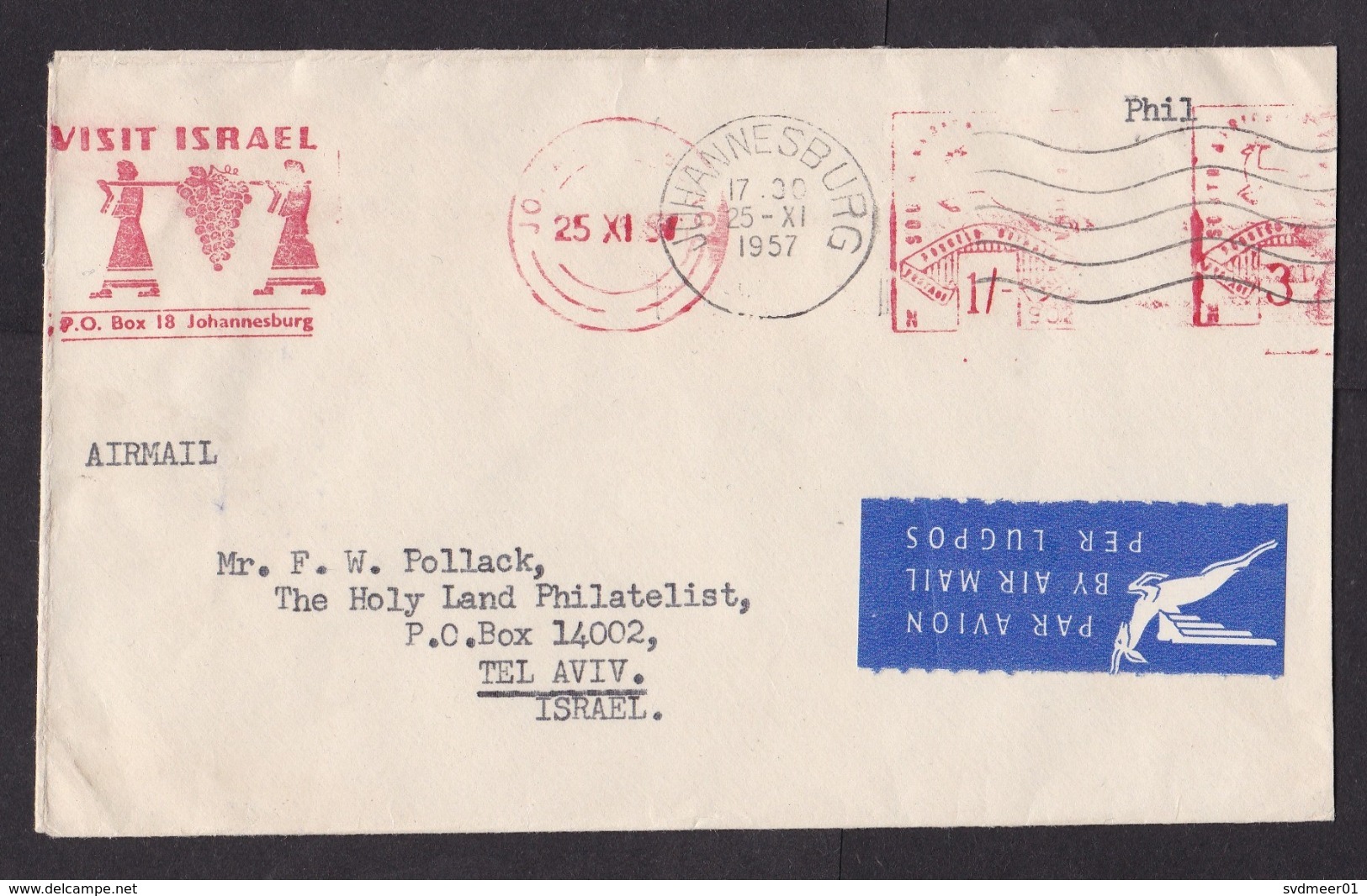 South Africa: Airmail Cover To Israel, 1957, Meter Cancel, Visit Israel, Tourism, Grapes Fruit, Air Label (minor Damage) - Covers & Documents