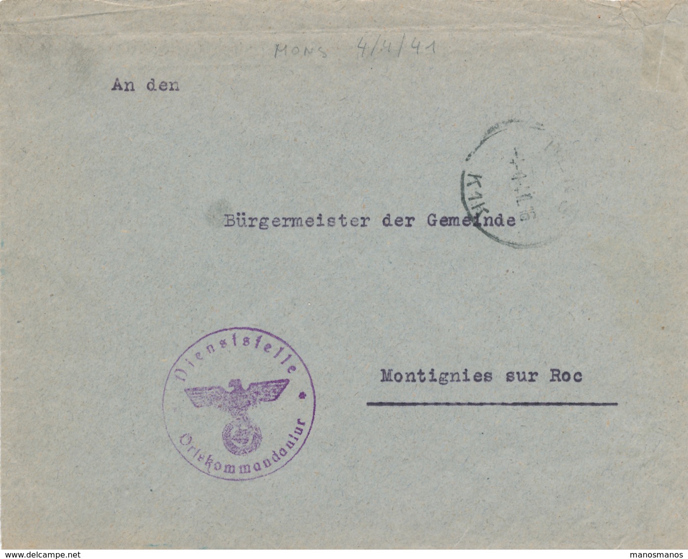 239/30 - VIGNETTES Belgique - RARE Vignette Légion Wallonne S/Enveloppe En Franchise Ortskommandatur MONS 1941 - Guerre 40-45 (Lettres & Documents)