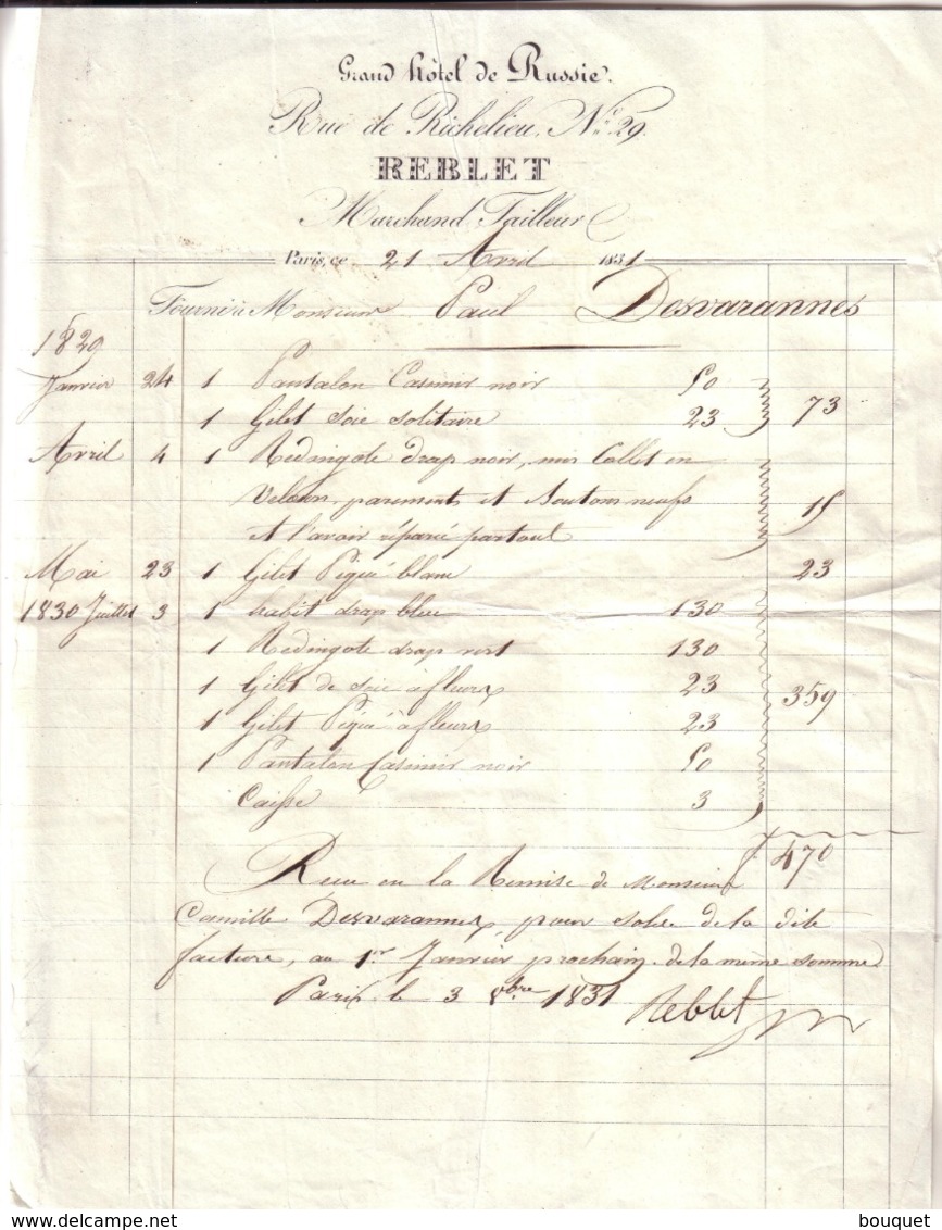 PARIS - GRAND HÔTEL DE RUSSIE , RUE RICHELIEU N° 29  - REBLET , MARCHAND TAILLEUR - 1831 - 1800 – 1899