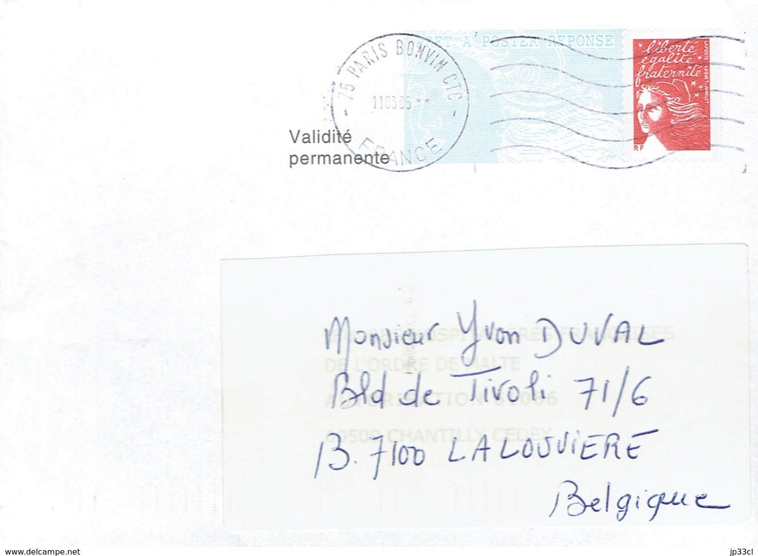 PAP Prêt à Poster Réponse "Validité Permanente" Sur Lettre Du 11/3/2005 Vers La Belgique - Prêts-à-poster:reply