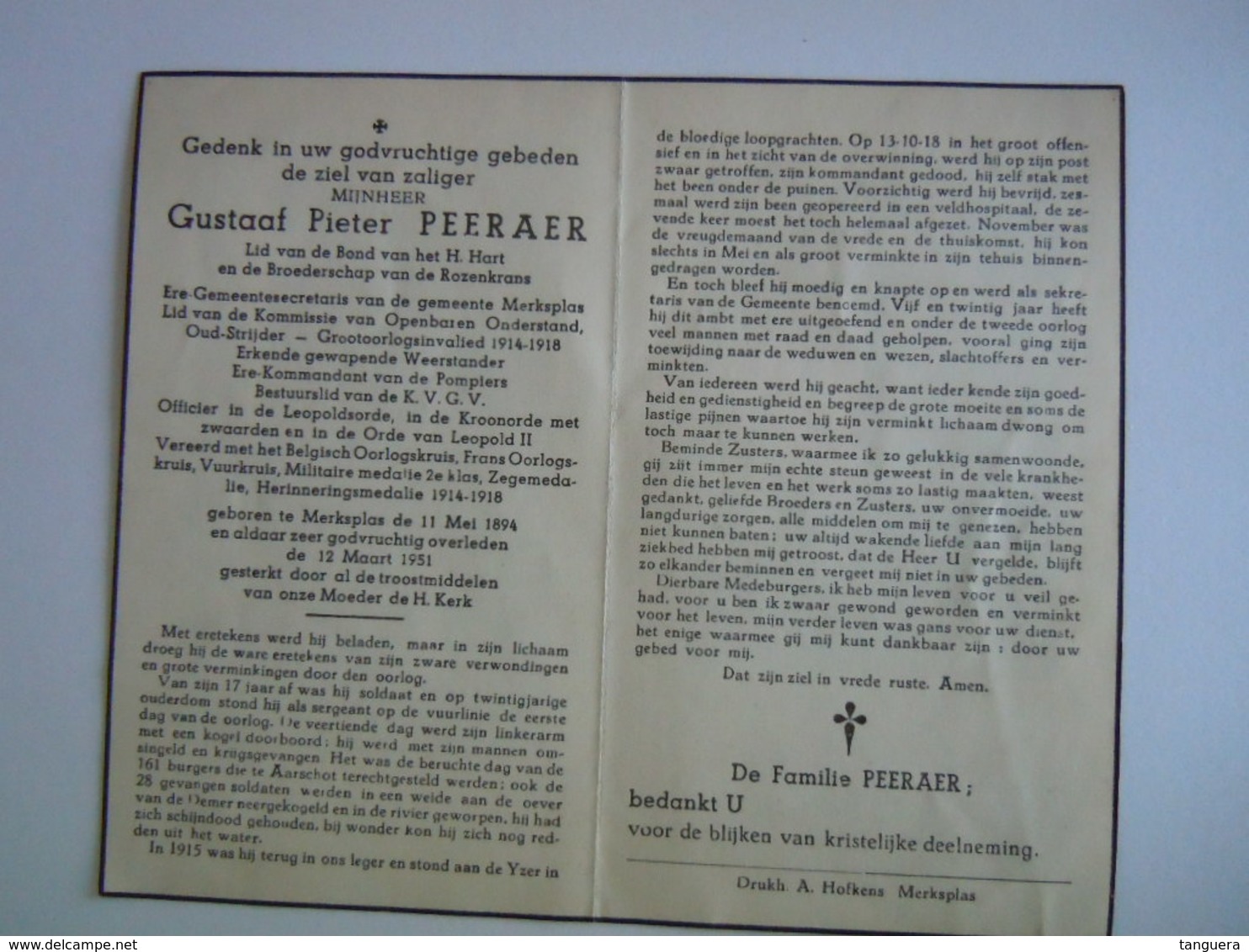 Doodsprentje Gustaaf Pieter Peeraer Merksplas 1894 - 1951 Oudstrijder Oorlogsinvalied 1914-18 Weerstander Ex-pompier - Images Religieuses