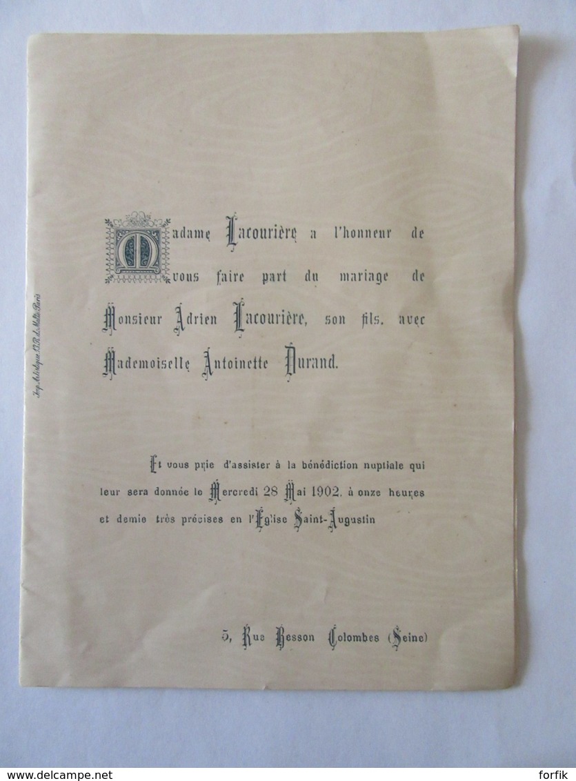 Faire Part De Mariage Ancien En L'Eglise Saint Augustin à Colombes - 1902 - Boda