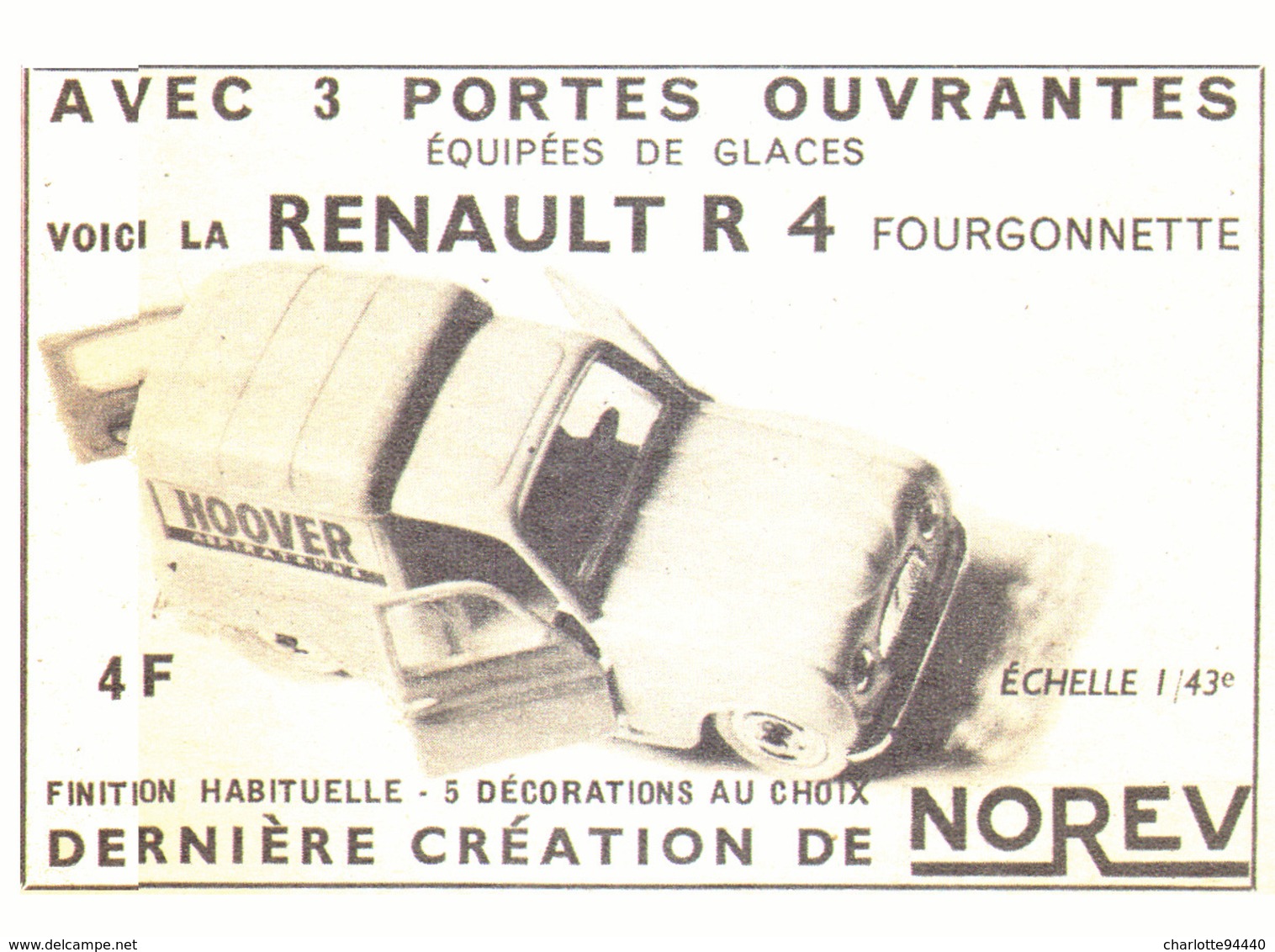 PUB  RENAULT  4L FOURGONNETTE HOOVER  " NOREV "  1964 ( 1 ) - Andere & Zonder Classificatie