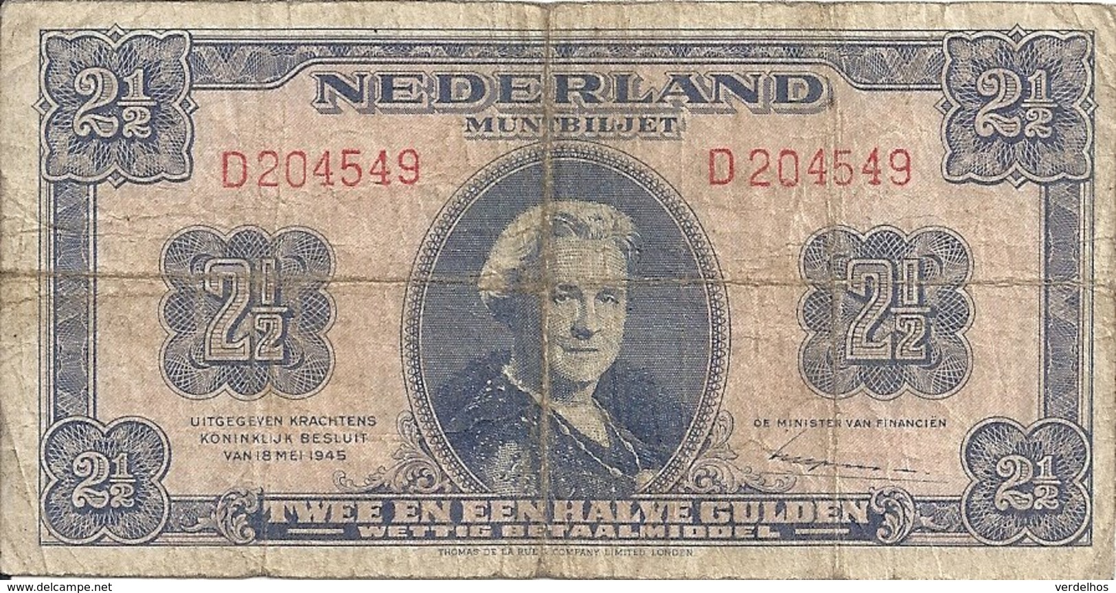 PAYS-BAS 2 1/2 GULDEN 1945 VG+ P 71 - 2 1/2 Gulden