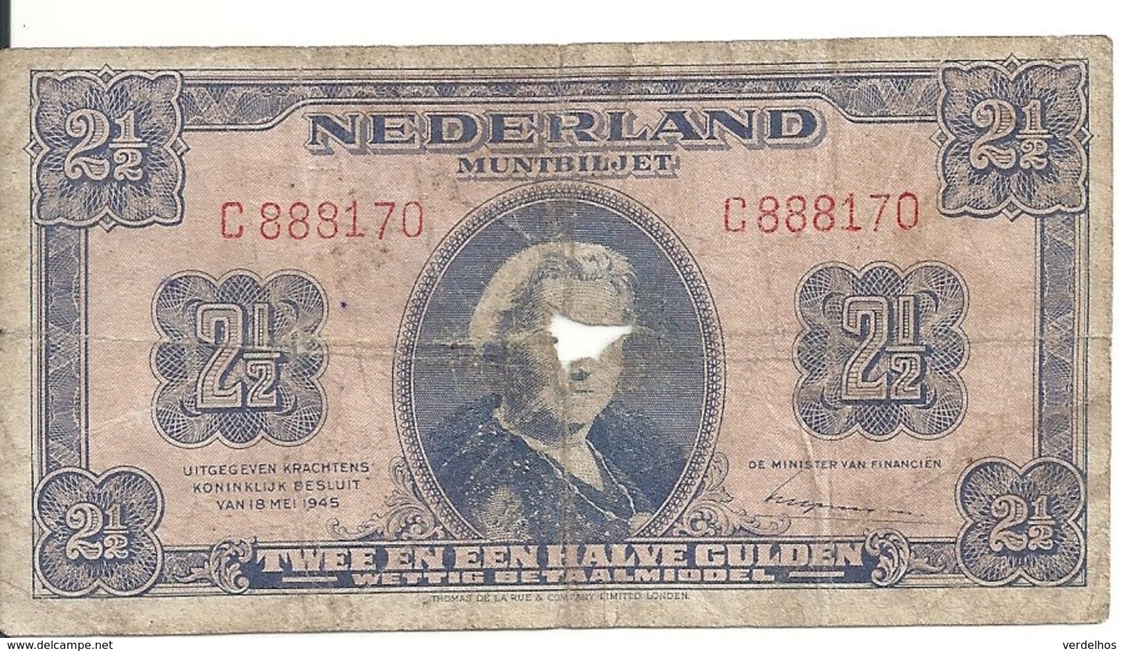 PAYS-BAS 2 1/2 GULDEN 1945 VG P 71 - 2 1/2 Gulden