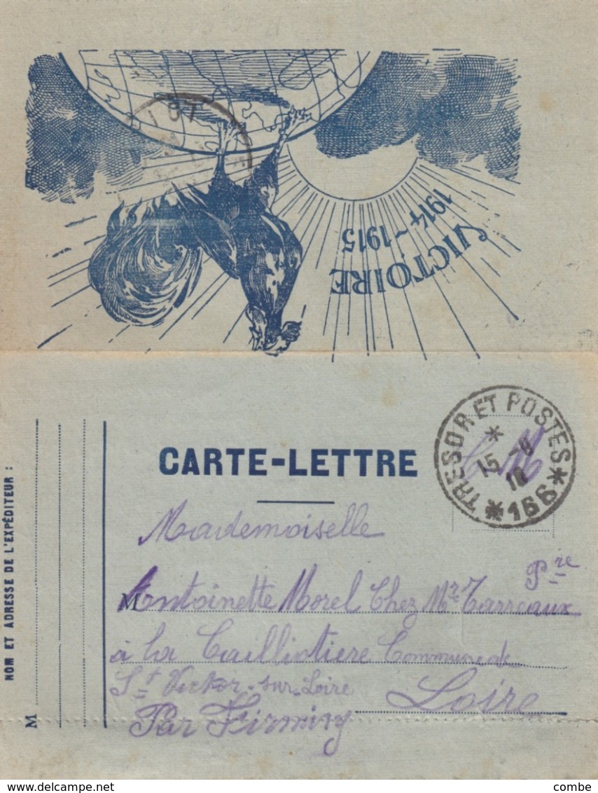 CARTE-LETTRE. COQ VICTOIRE. 15 9 16. TRESOR ET POSTES 166 POUR LA LOIRE - 1. Weltkrieg 1914-1918