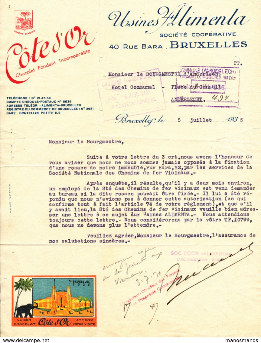 254/30 - Belgique EXPO 1935 BRUXELLES - Lettre à Entete Chocolat Cote D' Or - Pavillon Expo- Eléphant Sigle De La Marque - 1935 – Brussels (Belgium)