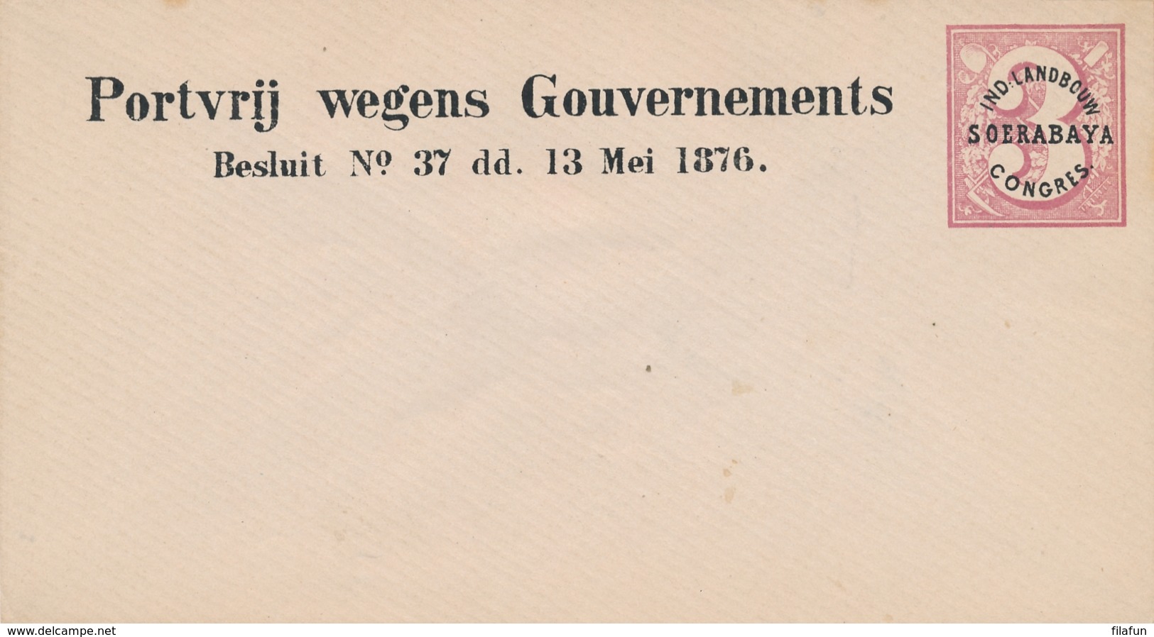 Nederlands Indië - 1878 - Landbouw Congres Soerabaya - Portvrij Wegens Gouvernementsbesluit - Moquette - Rose Op Wit - Nederlands-Indië