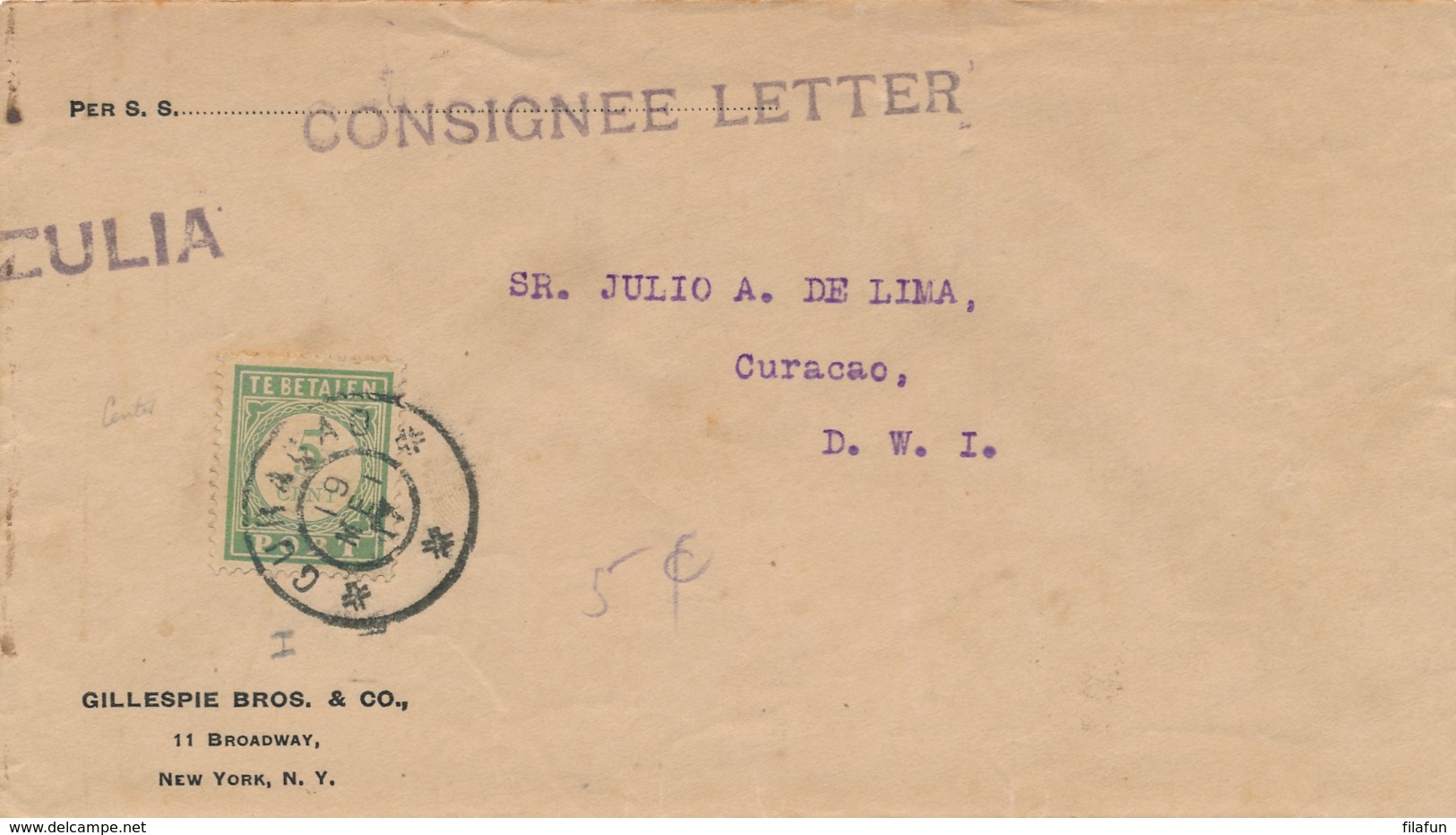 Curacao - 1917 - 5 Cent Port P22 Enkelfrankering Op Taxed Unfranked Businesscover - Curaçao, Antille Olandesi, Aruba