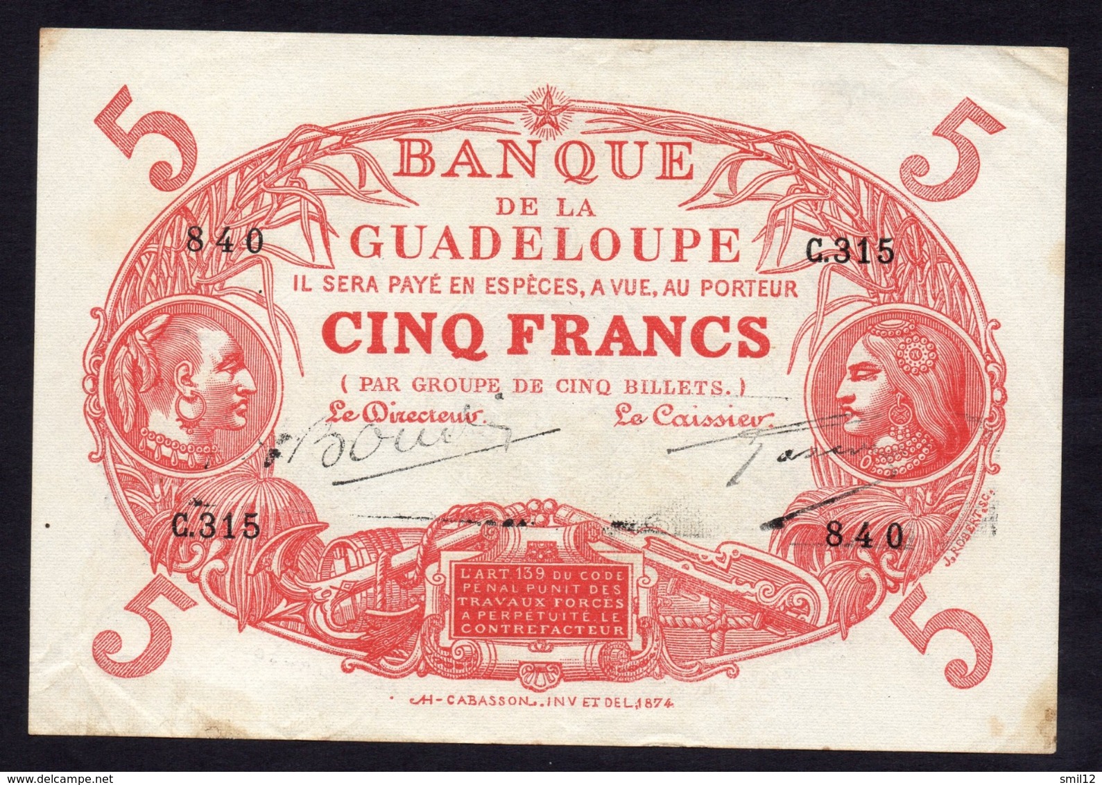 Guadeloupe - 5 Francs Cabesson - 1945 - Boudin / Gascon - Andere & Zonder Classificatie