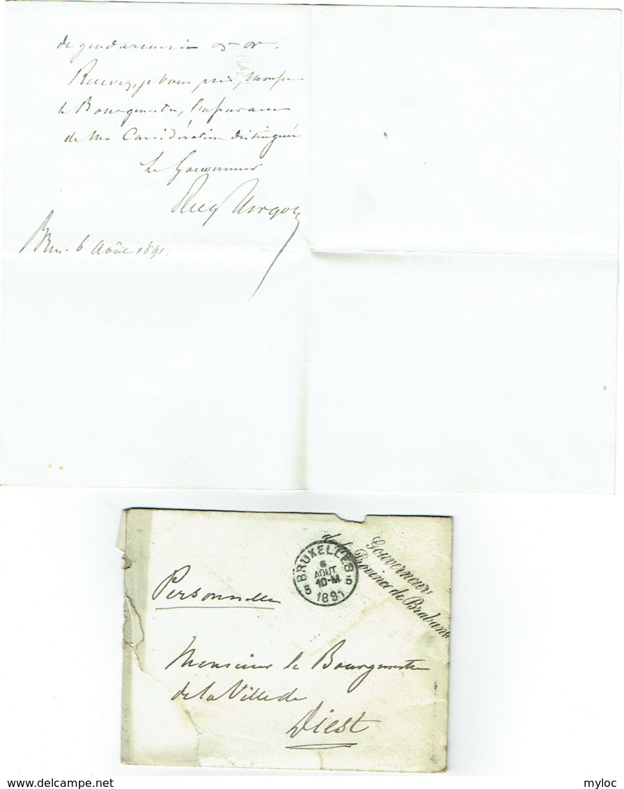 Courrier Vers Diest/Autographe D'Auguste Vergote, Gouverneur Du Brabant. 1891. - Autres & Non Classés