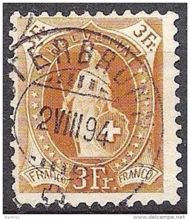 14 Vertikalzähne KZ I 1891: Zu 72A Mi 64XA Yv 80 - 3 Fr Braun Mit O LAUTERBRUNNEN 2.VIII.94 (Zu CHF 29.00) - Used Stamps