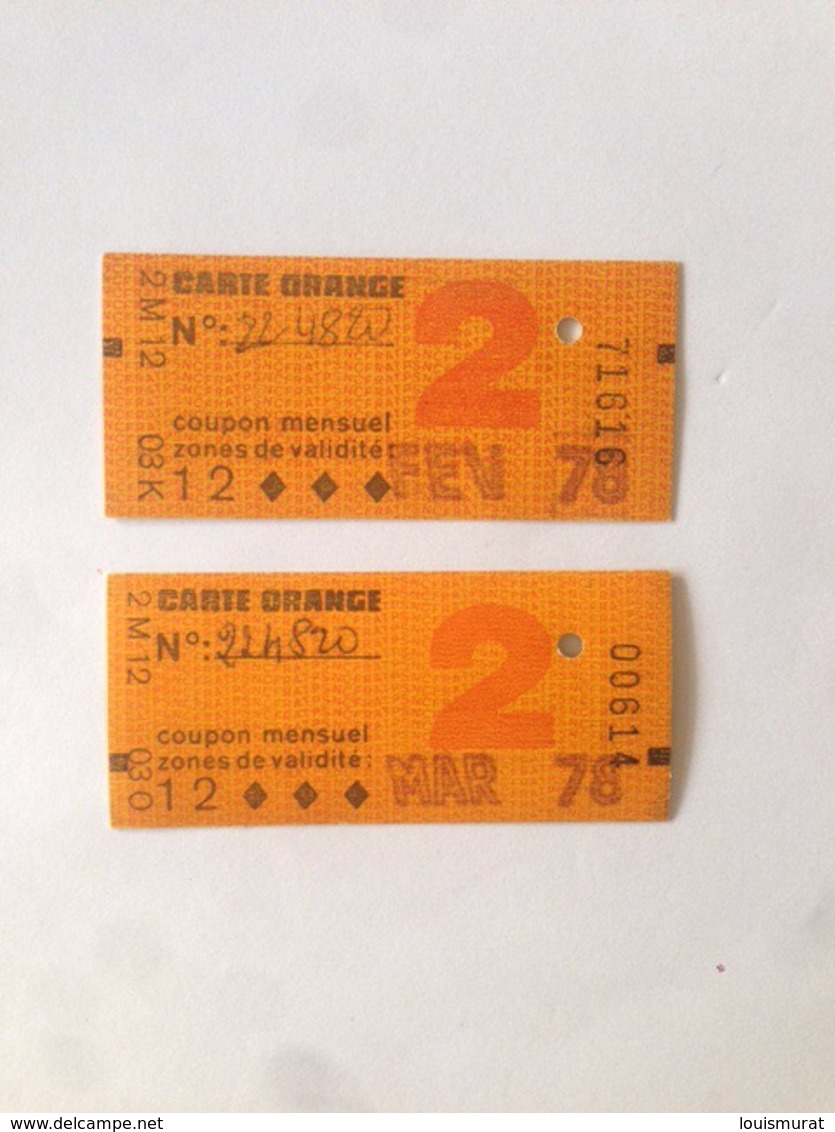 Paris - RATP METRO - CARTE ORANGE - TICKET - 1978 - COUPON MENSUEL ZONES 1 À 2 - LOT 2 TICKETS - Europa