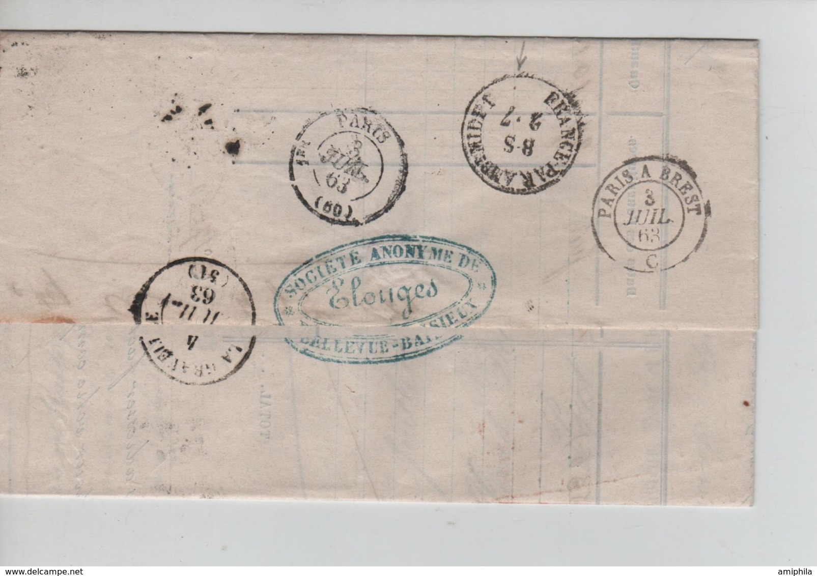 CBPN51/ TP 16 C.Boussu 1863 Obl.B (8)  21 > Port Brillet Mayenne Verso Divers Cachets Dont Ambulant & Passage - Postmarks - Lines: Perceptions