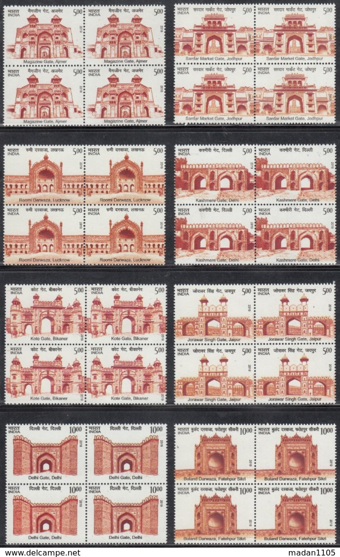 INDIA 2019   Set 8v  Complete HISTORICAL GATES Of  INDIAN FORTS & MONUMENTS, Architecture, BLOCK Of 4,  MNH (**) - Nuovi