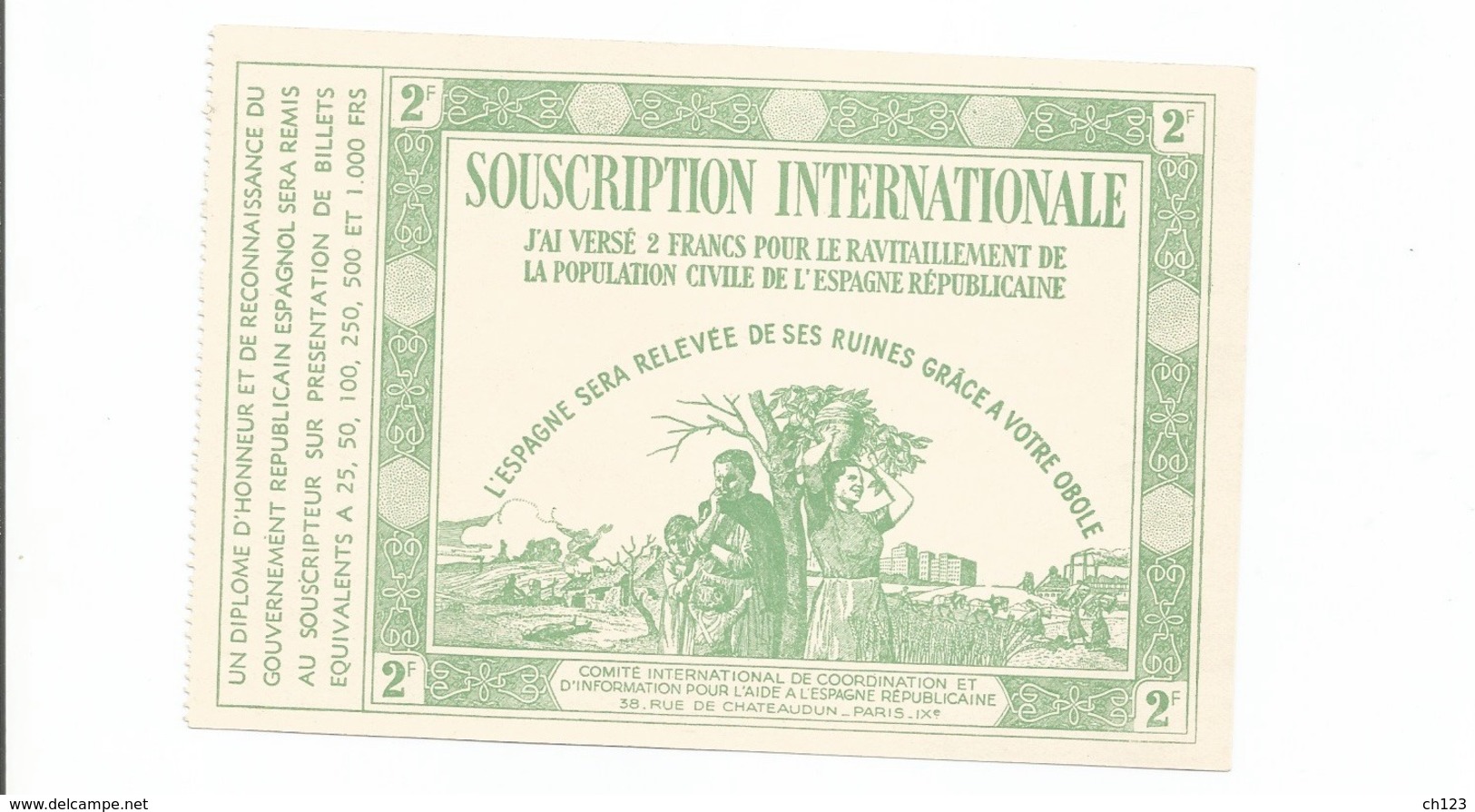 GUERRE D'ESPAGNE Souscription Internationale 2 F  - Mars 1939 - Documents Historiques