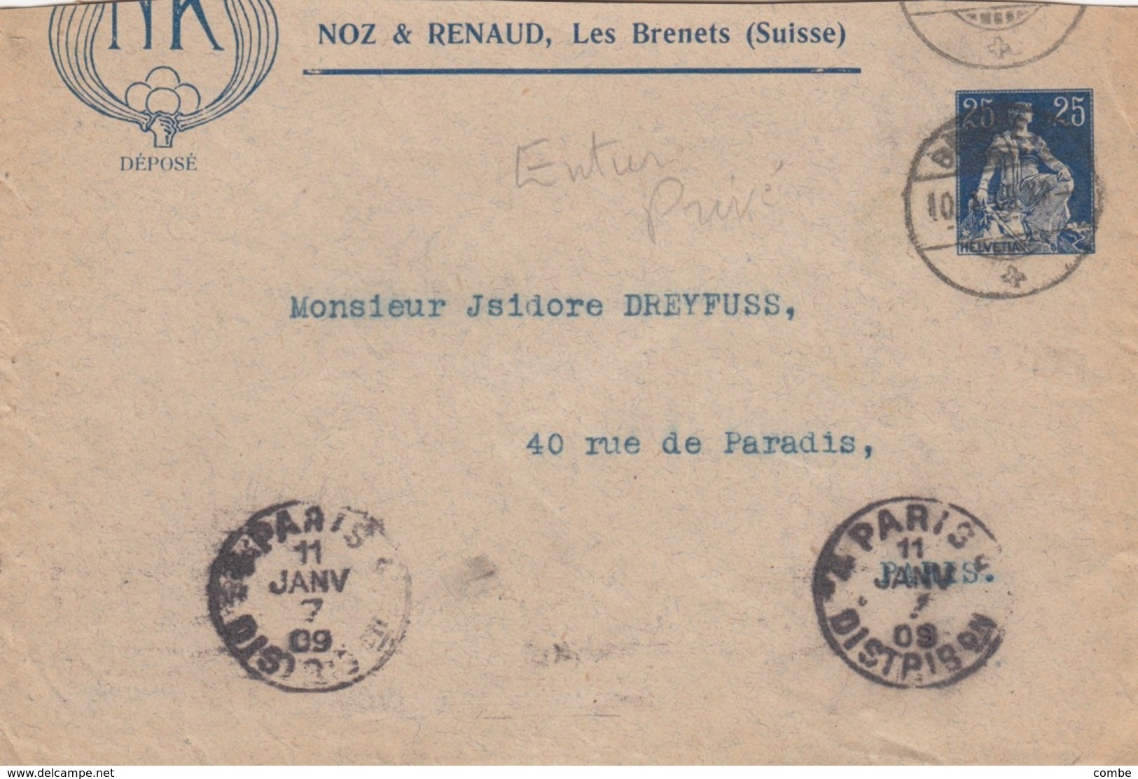 SUISSE. 1909. LETTRE. LES BRENETS. ENTIER PRIVÉ. HELVETIA ASSISE 25c. POUR PARIS - Entiers Postaux