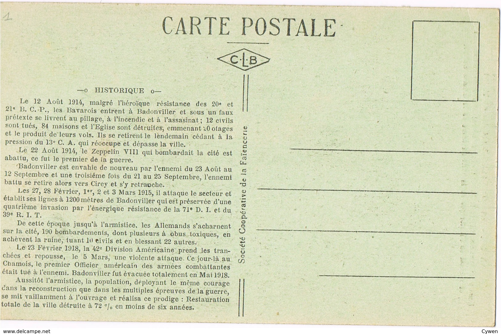 25150 Badonviller Monument Commémoratif Côté Sud-est - Carte Du Front - CLB / Société Coop. De La Faïencerie - Guerre - Otros & Sin Clasificación