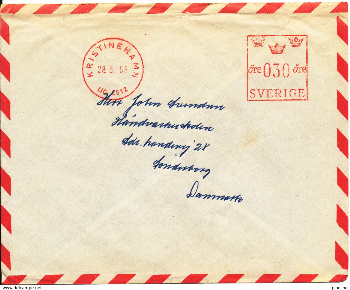 Sweden Air Mail Cover With Meter Cancel Sent To Denmark Kristinehamn 28-8-1958 - Lettres & Documents