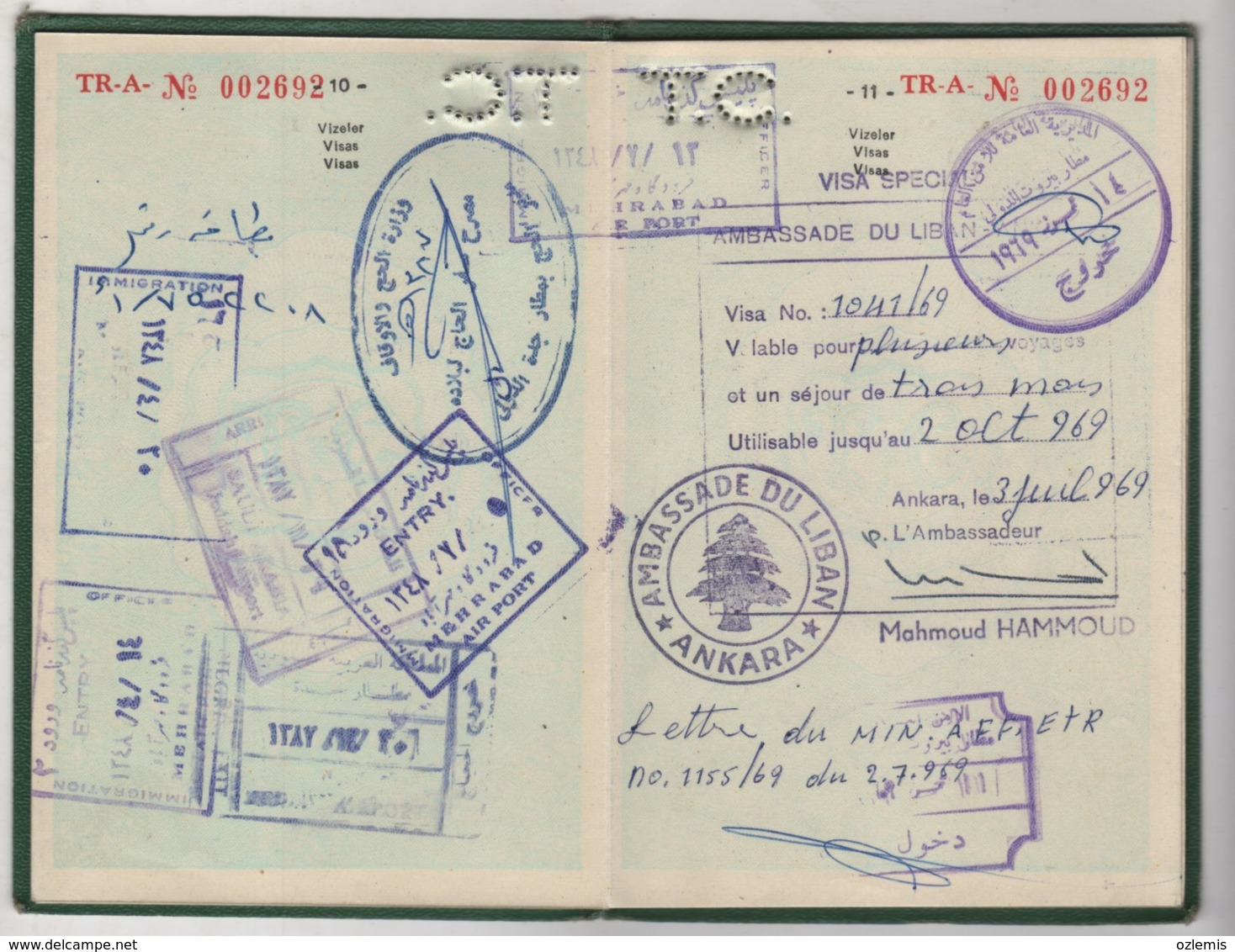 1967 SPECIAL  PASSPORT ,PASSEPORT USED  ,ITALY ,LIBAN,PAKISTAN,SAUDIA ARABIA AND INDİA VISA FISCALS