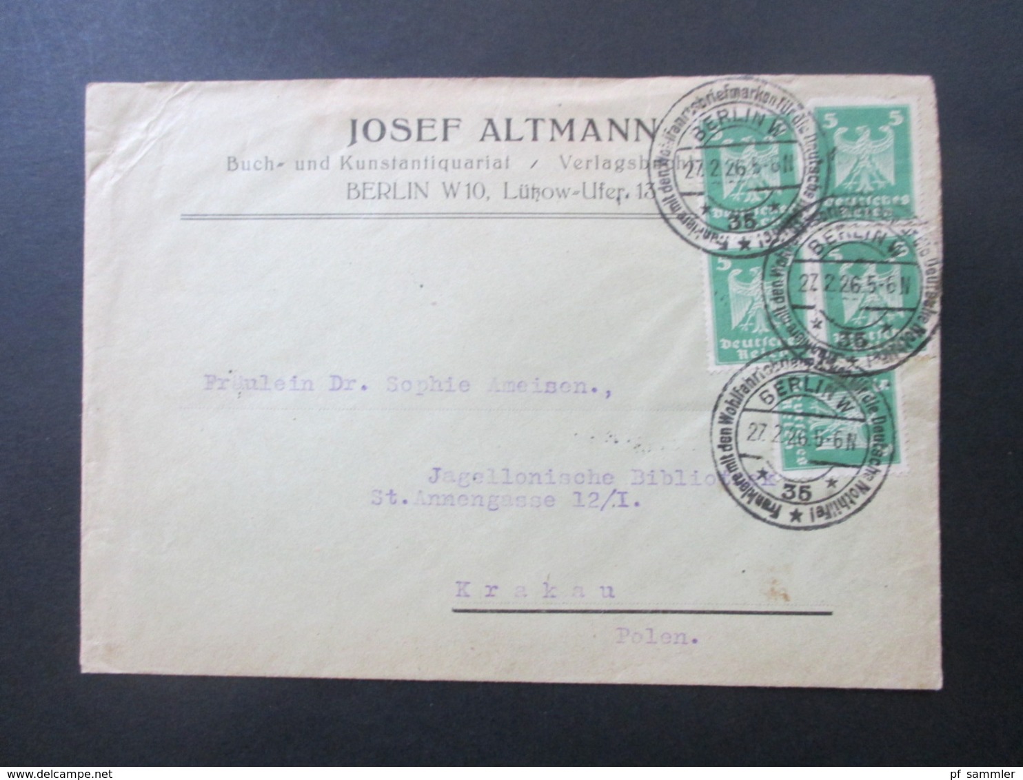 Deutsches Reich 1926 Reichsadler Nr. 356 MeF Mit 5 Marken! SST Berlin Nothilfe Nach Krakau In Polen Gesendet! - Briefe U. Dokumente