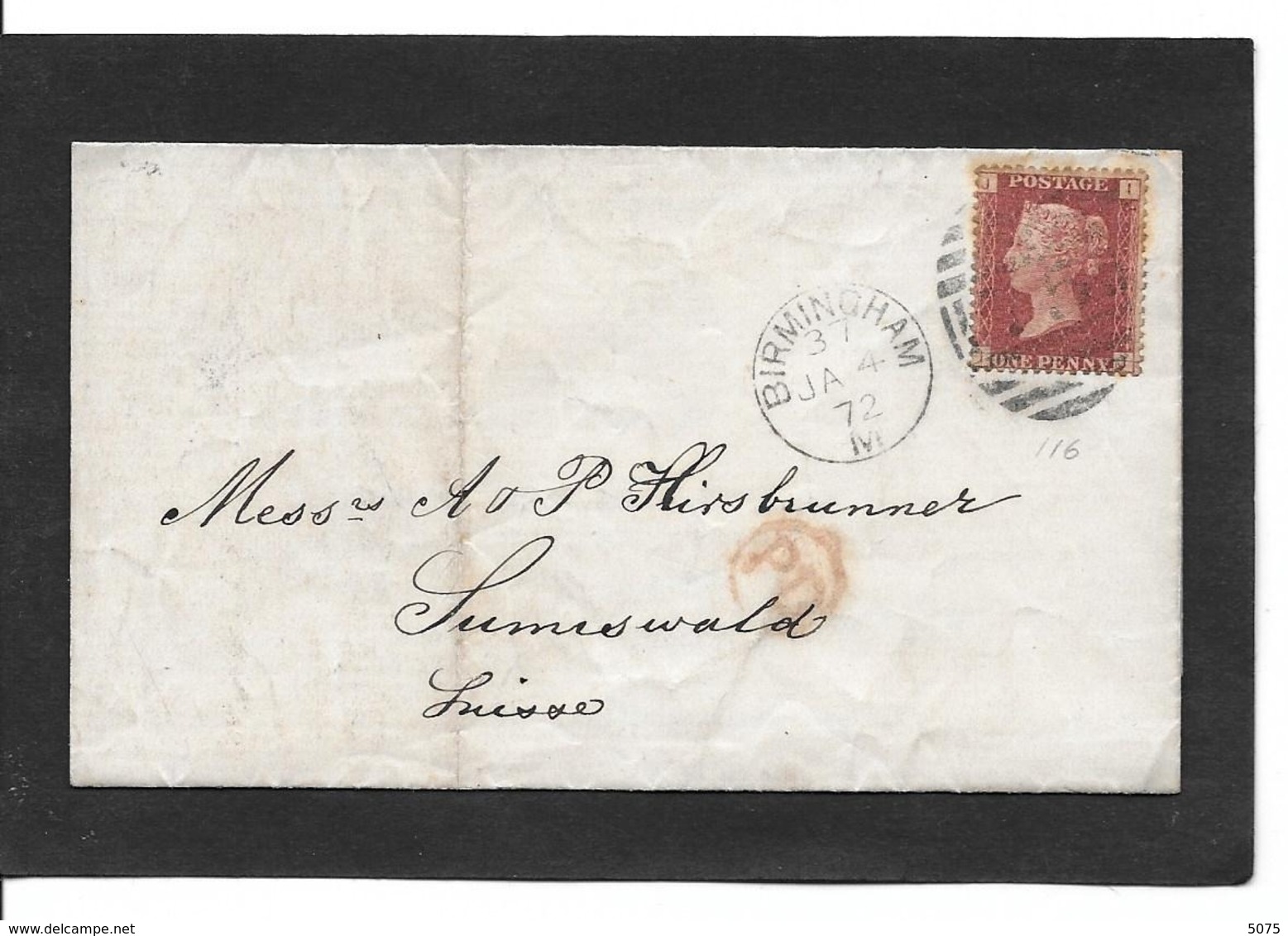 BIRMINGHAM 4.1.1872 StG 43  Pl 116 - Storia Postale