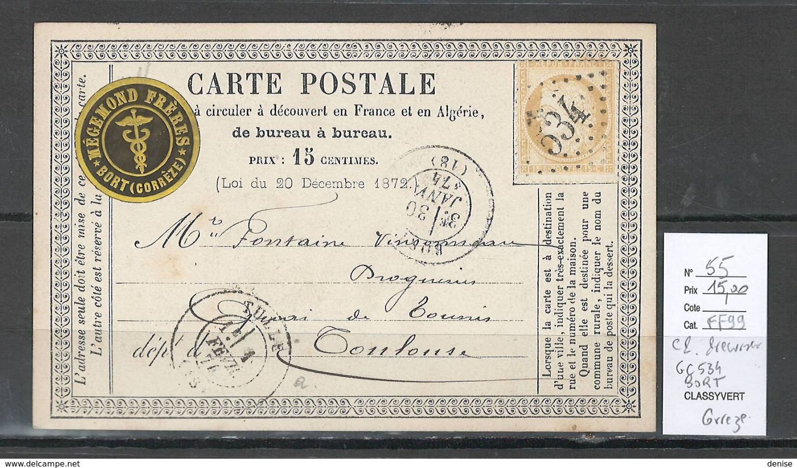 France -Carte Postale Précurseur - Yvert 55 - Bort En Correze - GC 534 - 1849-1876: Période Classique