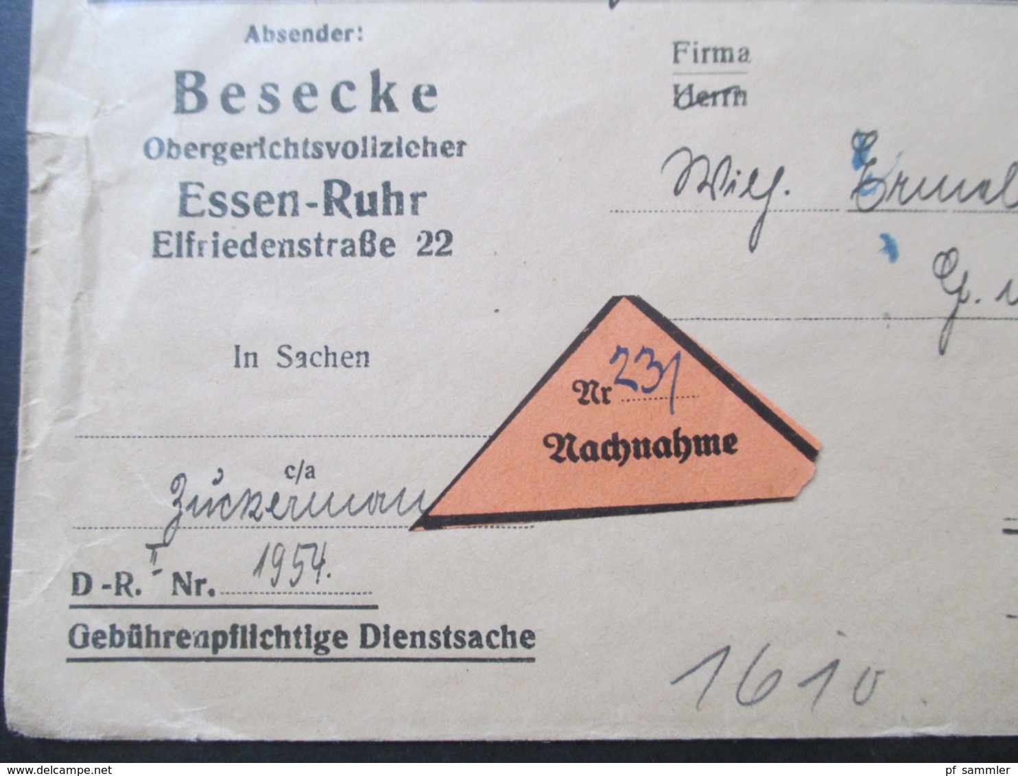 Deutsches Reich 1929 Reichspräsidenten I Nr. 416 MiF Nachnahme Obergerichtsvollzieher Essen - Bingen Am Rhein - Briefe U. Dokumente