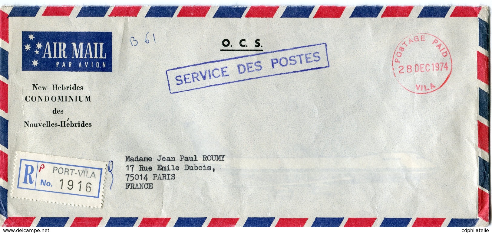 NOUVELLES-HEBRIDES LETTRE RECOMMANDEE PAR AVION "O.C.S." SERVICE DES POSTES DEPART POSTAGE PAID 28 DEC 1974 VILA........ - Storia Postale